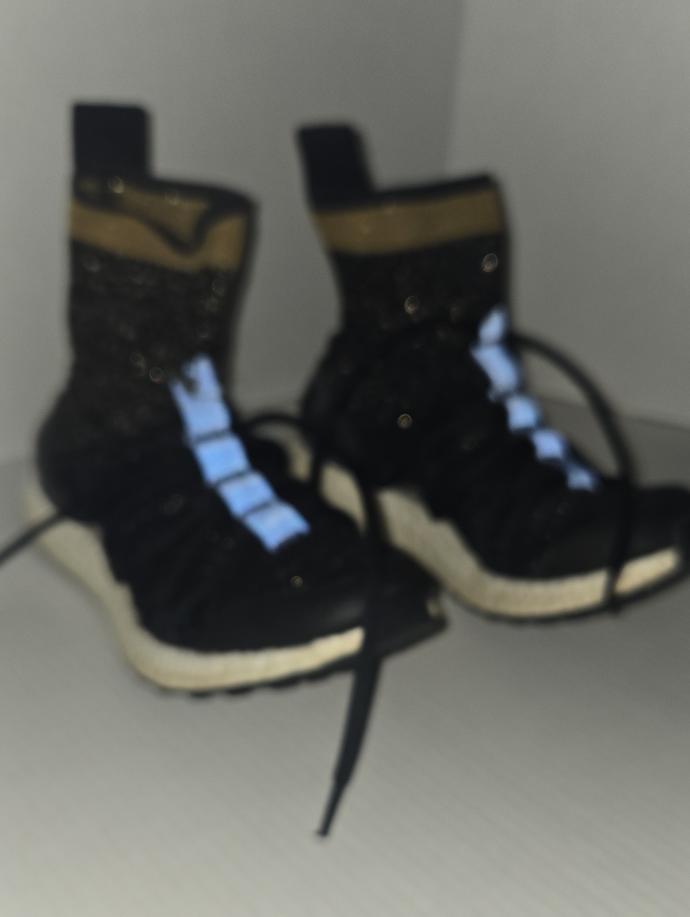 Women’s Adidasx Stella McCartney Black High-Top Knit Sneakers with Gold Accent